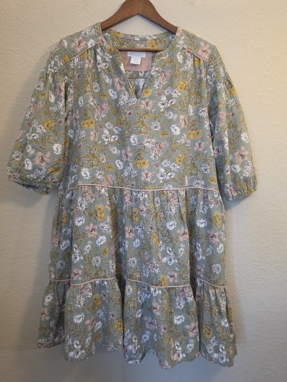 Cynthia Rowley Linen Blend Babydoll Dress Large Green Pink Yellow Floral Boho